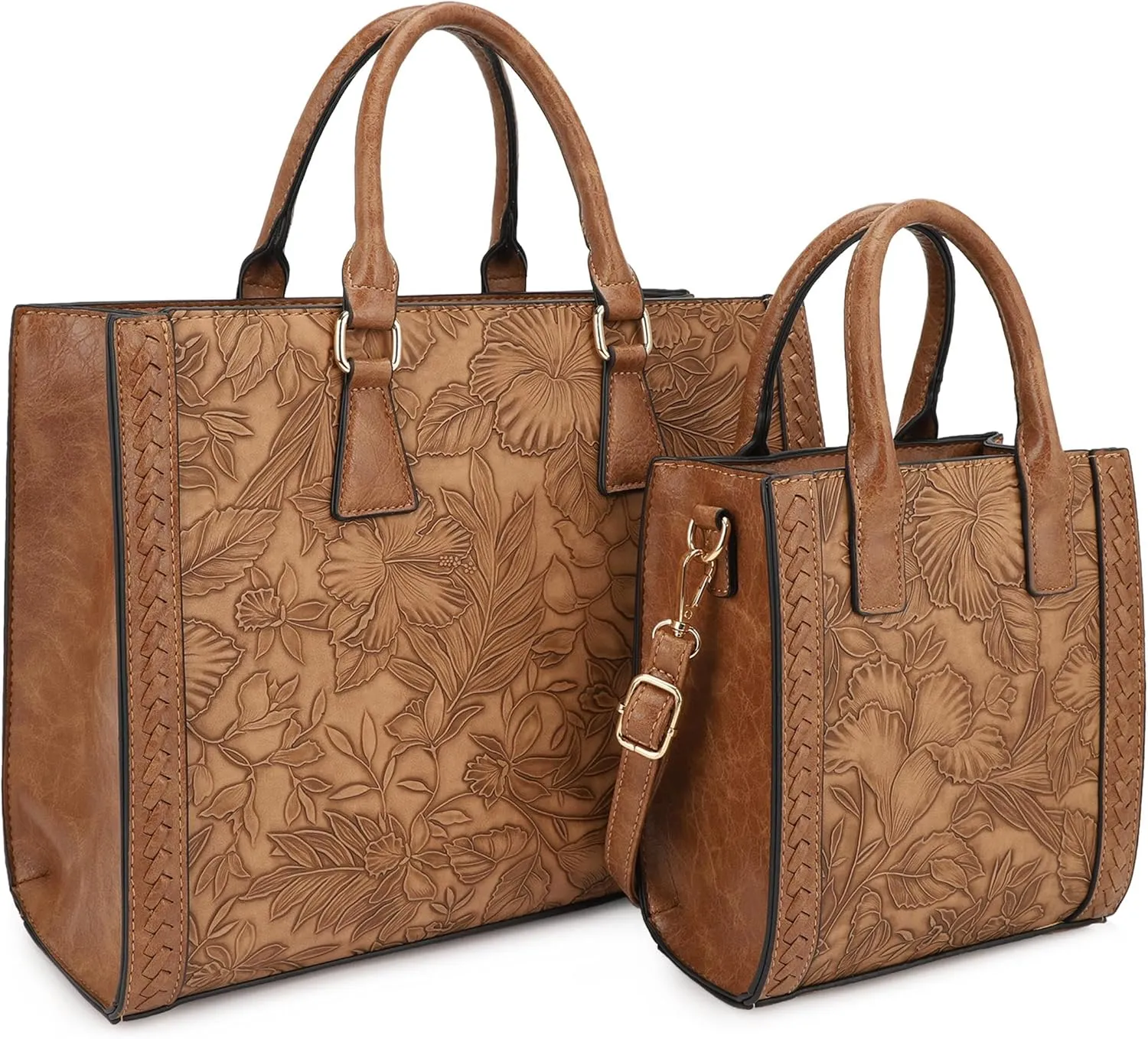 Hibiscus Bag For Women,Vegan Leather Crossbody Designer Laptop bags,Adjustable Strap With Mini Bag For Ladies 2pcs