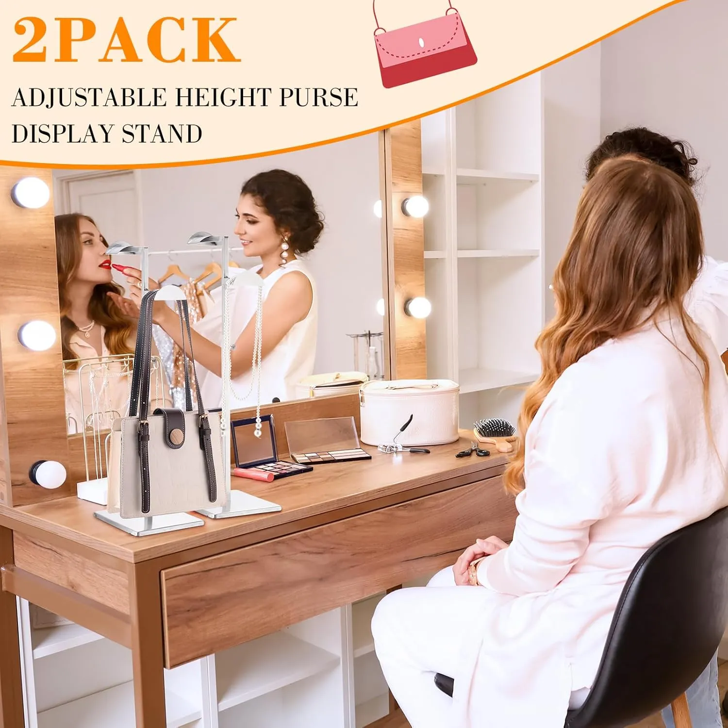 Hicarer Stainless Steel Purse Display Stand Adjustable Height Handbag Display Stand Hanging Double Hook Polished Hanger Bag Holder Hat Jewelry Rack for Boutique Store(Silver,2 Pcs)