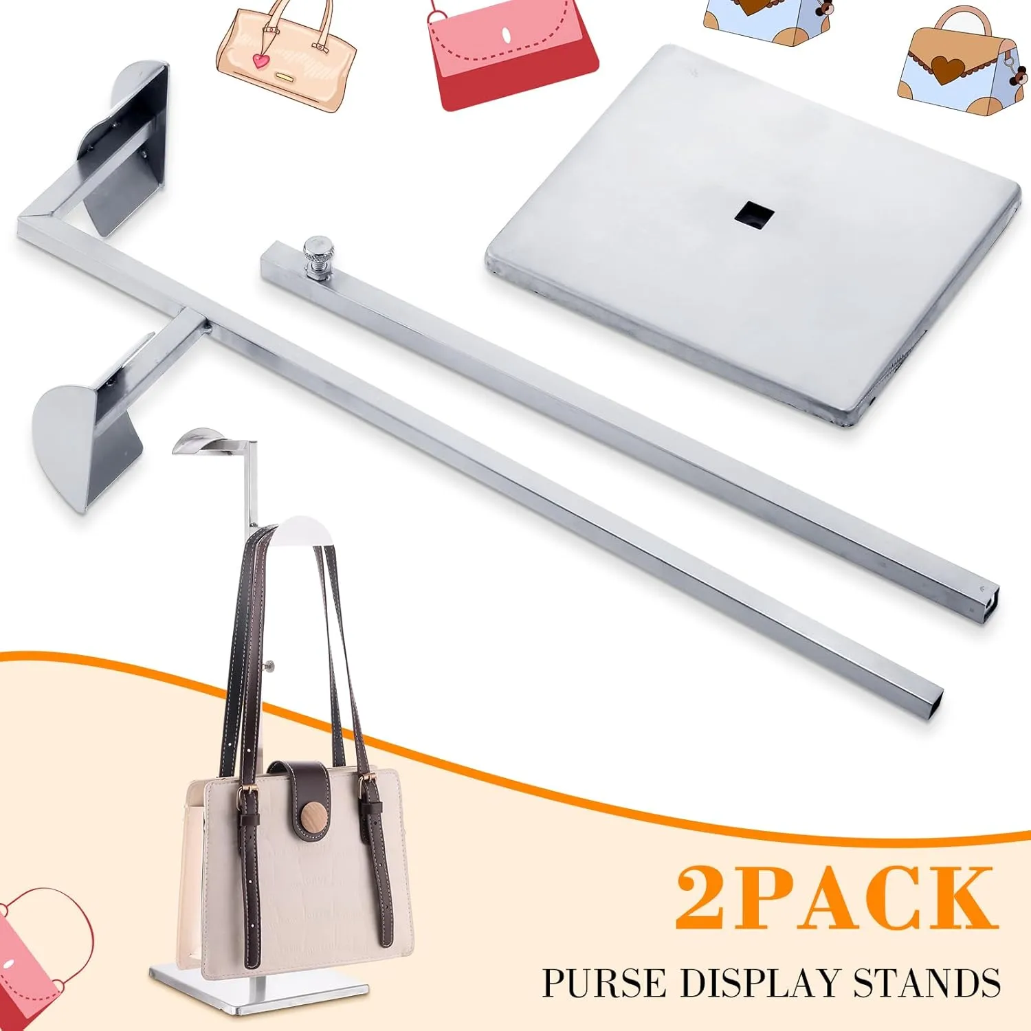 Hicarer Stainless Steel Purse Display Stand Adjustable Height Handbag Display Stand Hanging Double Hook Polished Hanger Bag Holder Hat Jewelry Rack for Boutique Store(Silver,2 Pcs)