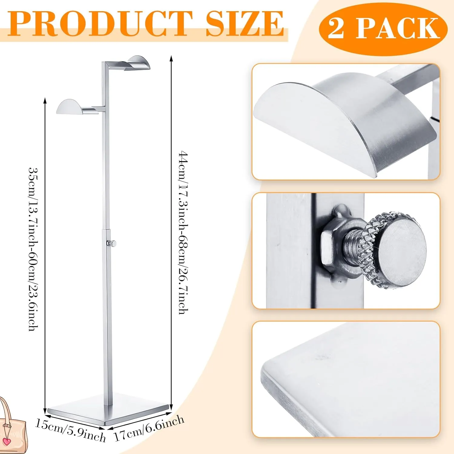 Hicarer Stainless Steel Purse Display Stand Adjustable Height Handbag Display Stand Hanging Double Hook Polished Hanger Bag Holder Hat Jewelry Rack for Boutique Store(Silver,2 Pcs)