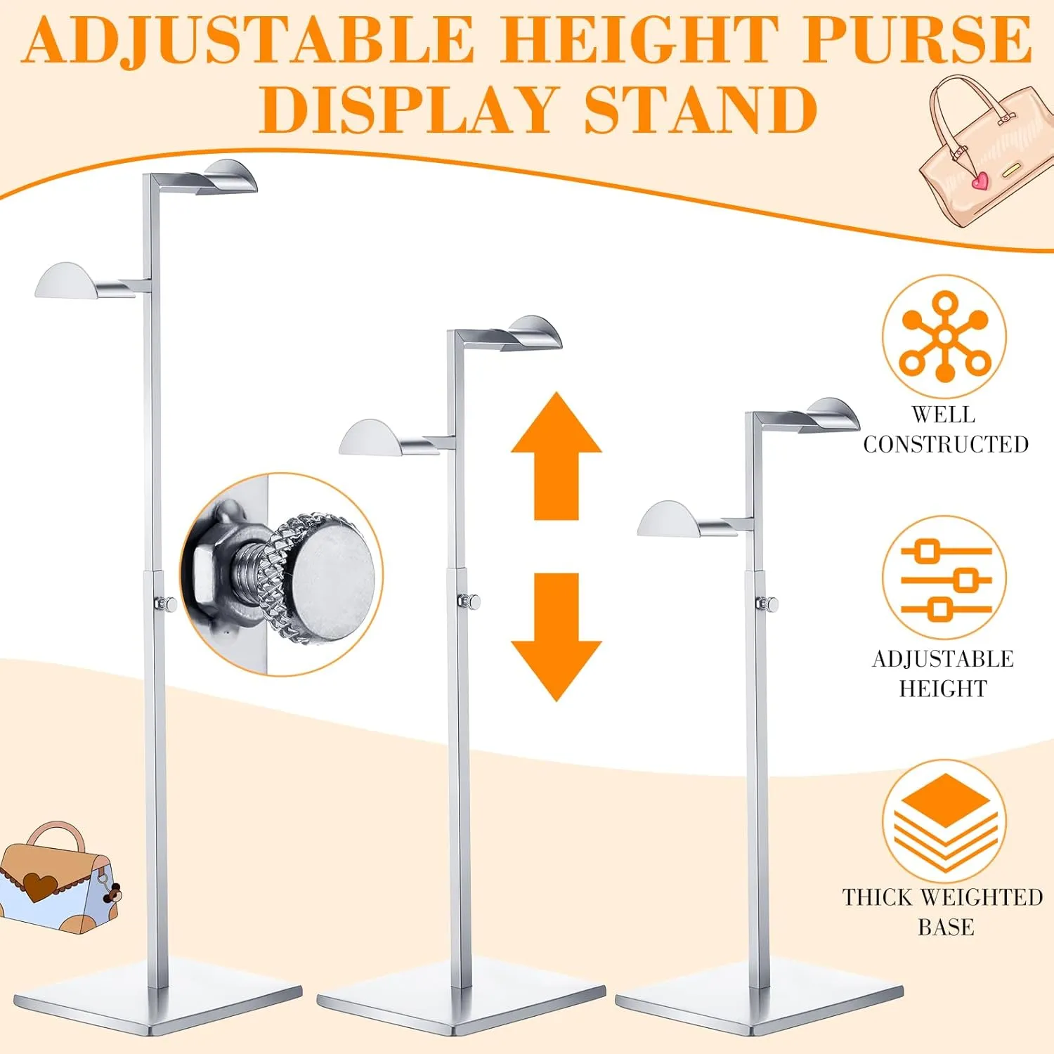 Hicarer Stainless Steel Purse Display Stand Adjustable Height Handbag Display Stand Hanging Double Hook Polished Hanger Bag Holder Hat Jewelry Rack for Boutique Store(Silver,2 Pcs)