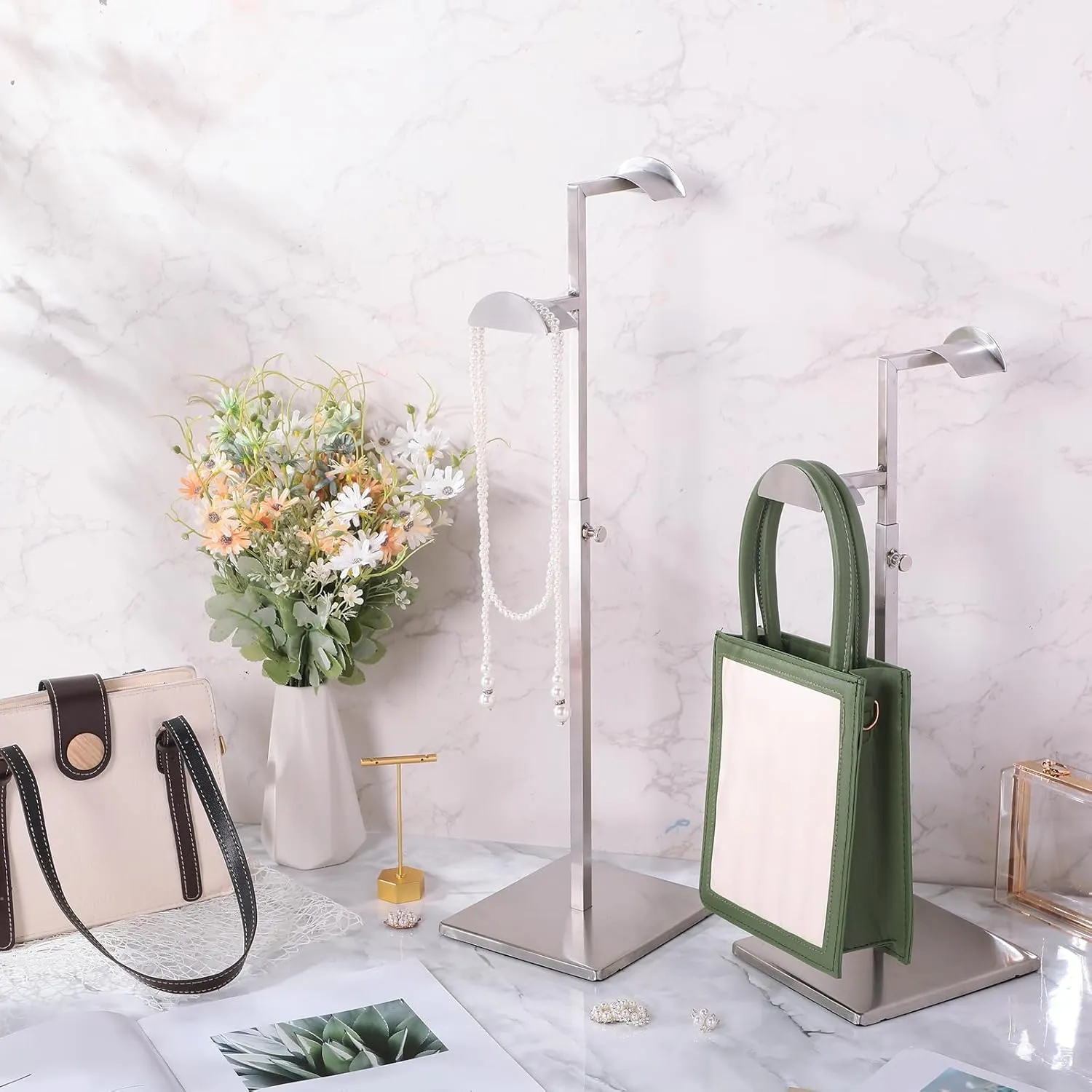 Hicarer Stainless Steel Purse Display Stand Adjustable Height Handbag Display Stand Hanging Double Hook Polished Hanger Bag Holder Hat Jewelry Rack for Boutique Store(Silver,2 Pcs)
