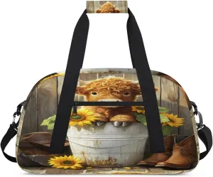 Highland Cow Sports Duffle Gym Bags for Men or Women, Floral Sunflower Lightweight Carry On Overnight Weekender Bag for Travel Workout
