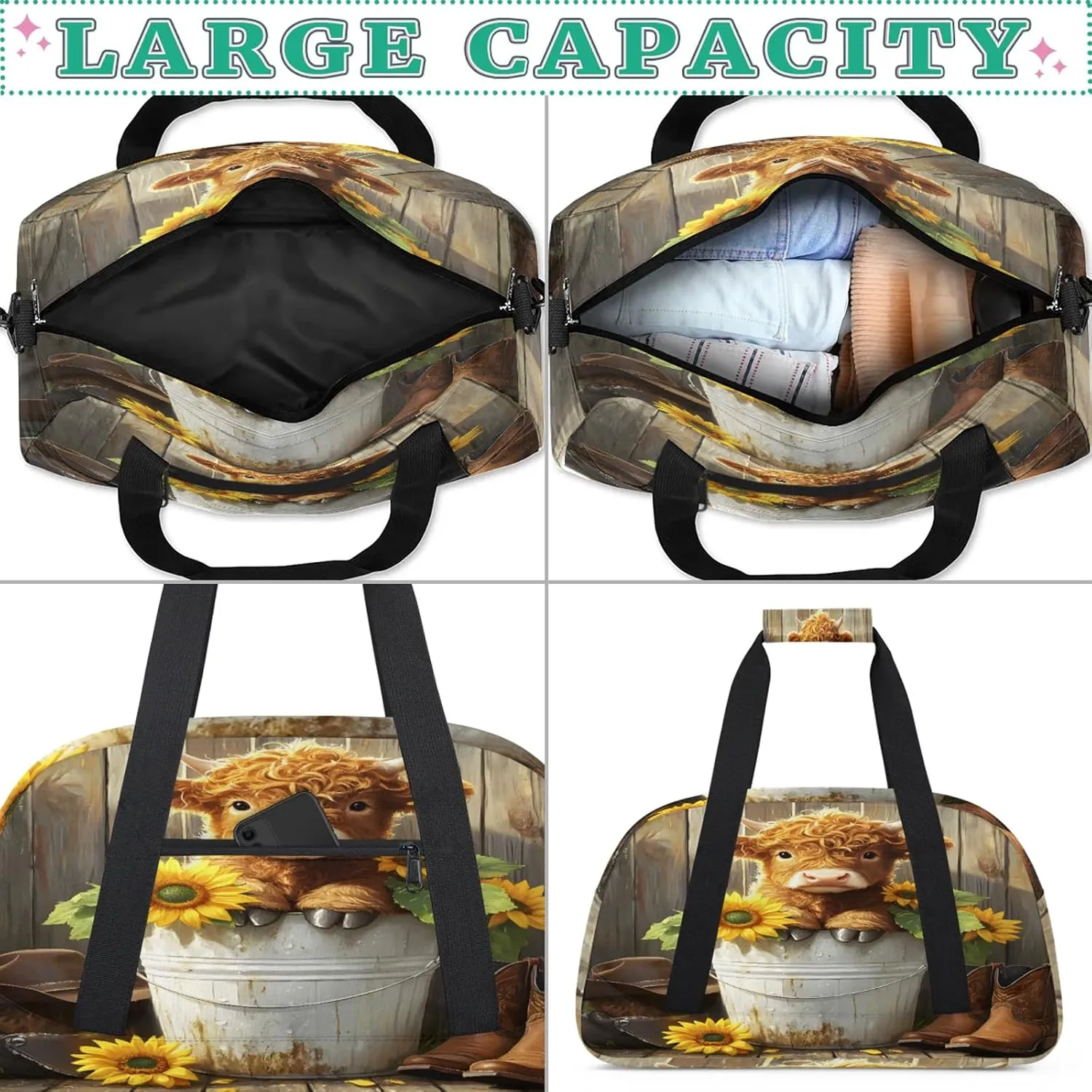 Highland Cow Sports Duffle Gym Bags for Men or Women, Floral Sunflower Lightweight Carry On Overnight Weekender Bag for Travel Workout
