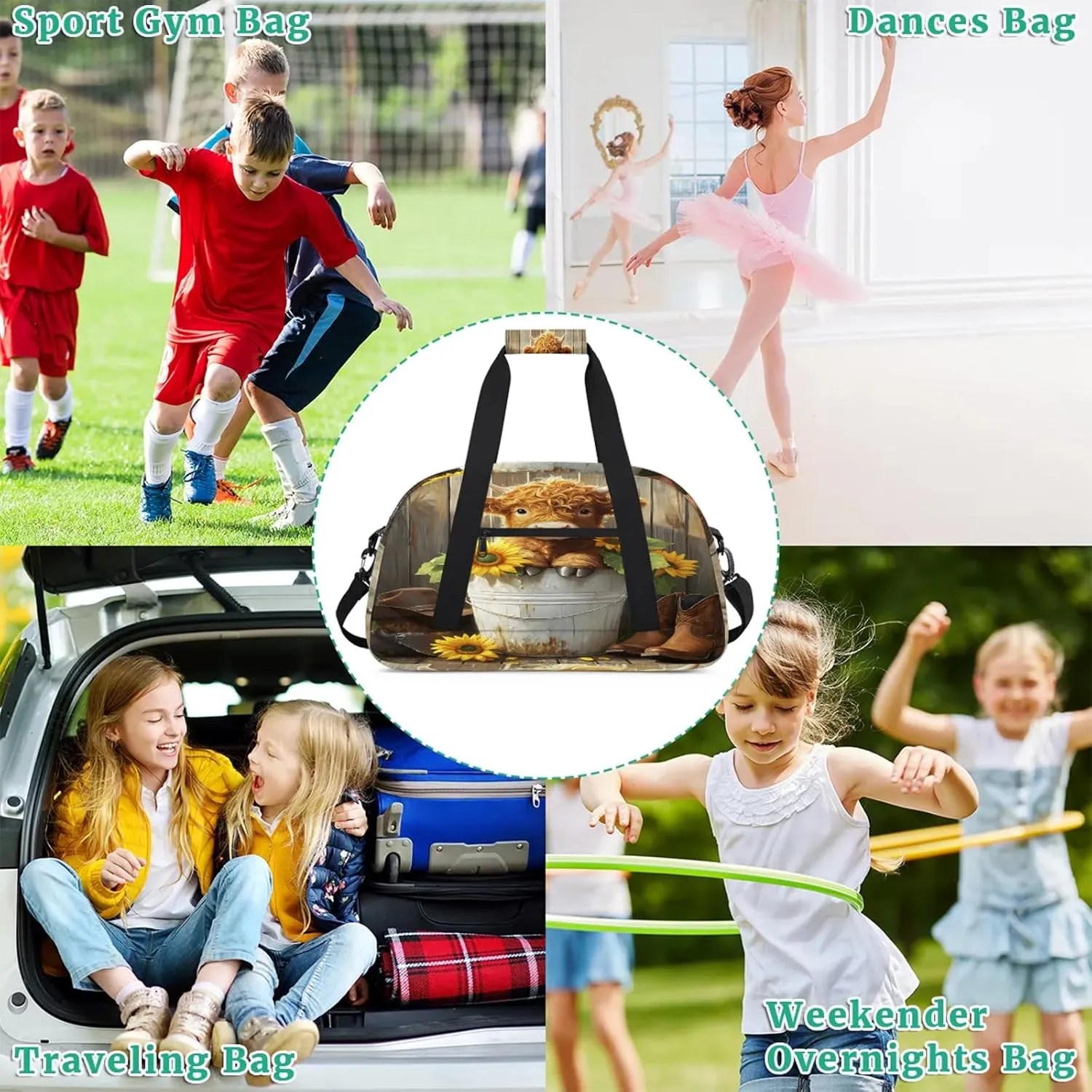Highland Cow Sports Duffle Gym Bags for Men or Women, Floral Sunflower Lightweight Carry On Overnight Weekender Bag for Travel Workout