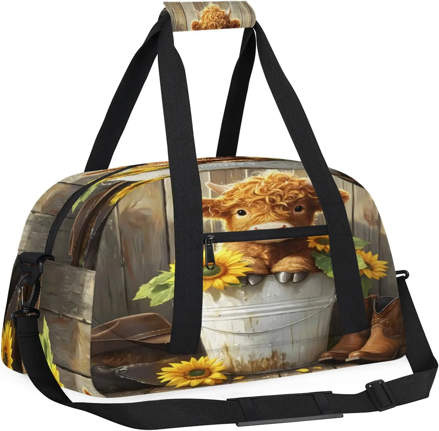Highland Cow Sports Duffle Gym Bags for Men or Women, Floral Sunflower Lightweight Carry On Overnight Weekender Bag for Travel Workout