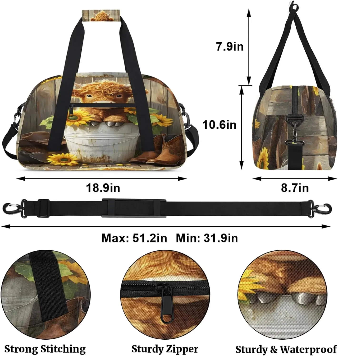 Highland Cow Sports Duffle Gym Bags for Men or Women, Floral Sunflower Lightweight Carry On Overnight Weekender Bag for Travel Workout