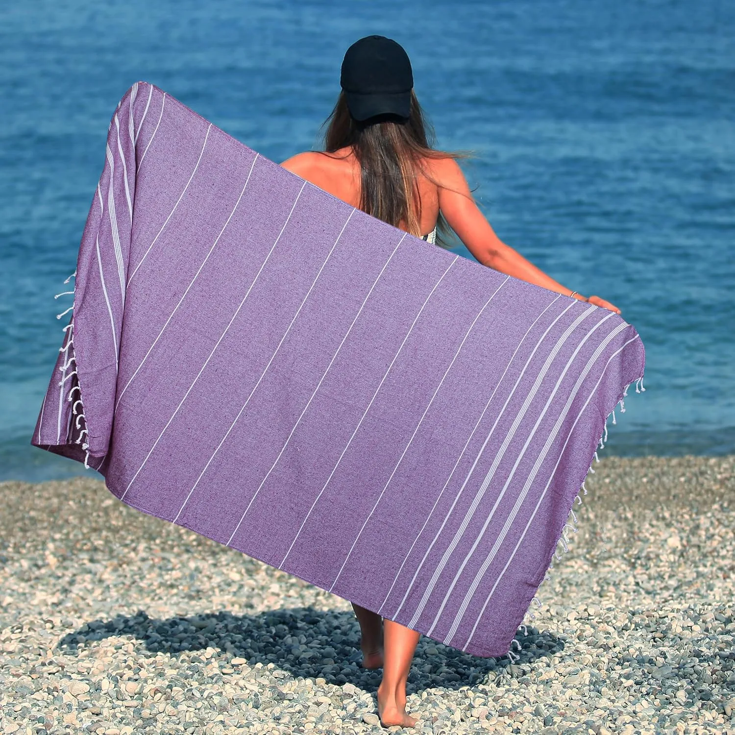 HILLFAIR Cotton Turkish Beach Towels, Quick Dry Lightweight Sand Free Peshtemal Towel for Bath Swim Yoga Spa Travel, Beach Accessories, Oversized Cotton Turkish Towels (39 x 72 inch- 4 Pack Purple)