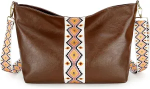 Hobo Bags Crossbody Tote Bag with Tribal Pattern Trim, Brown