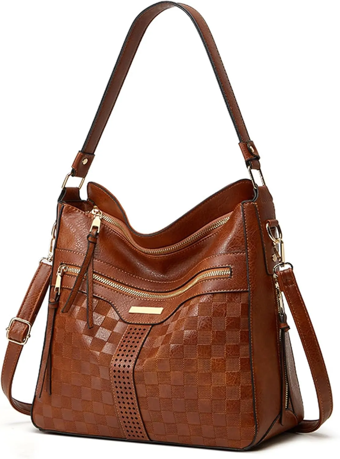 Hobo Bags for Women Stylish Checkered Pattern Crossbody Handbags Retro Large Capacity Shoulder Bag Bucket Purse