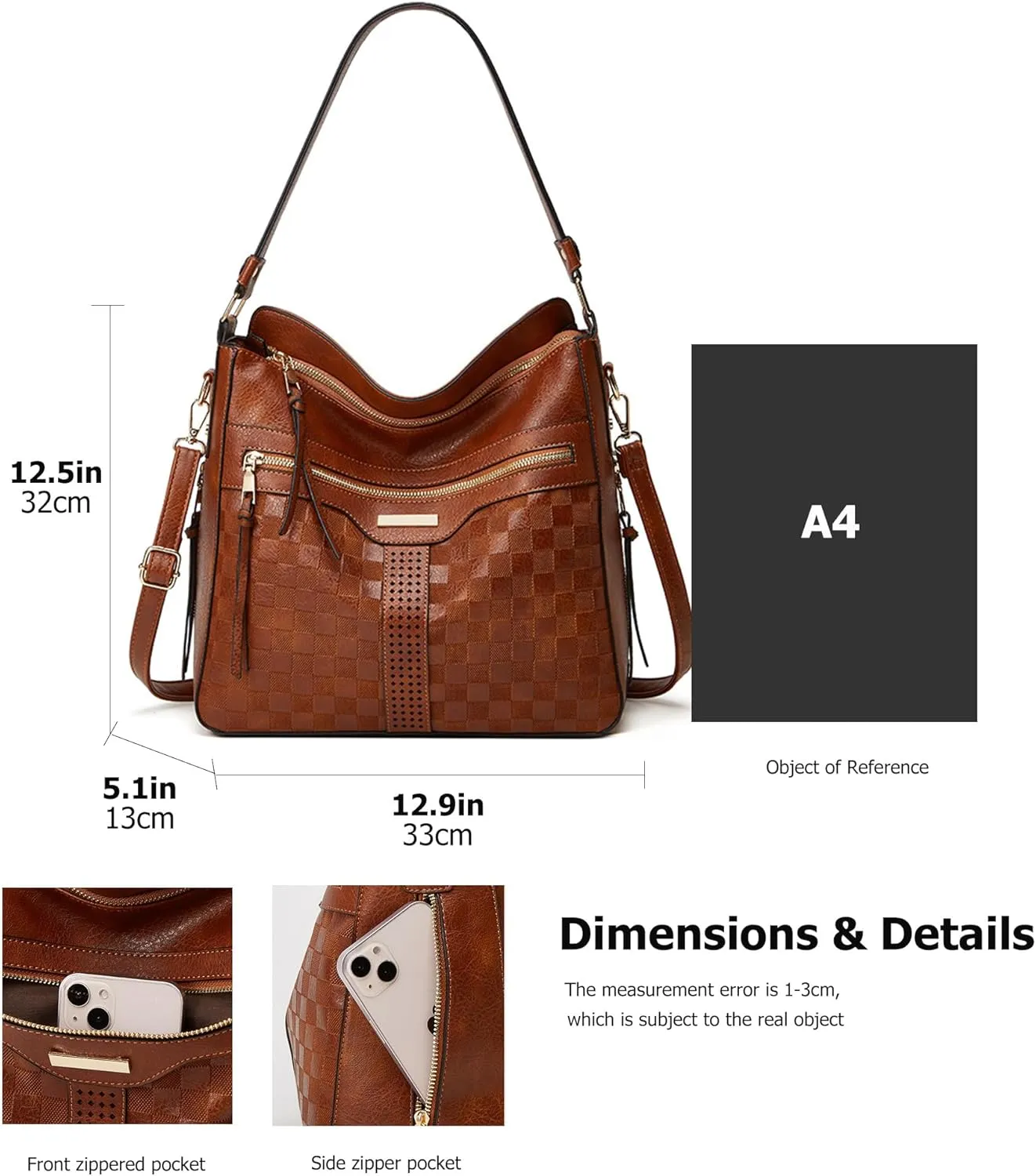Hobo Bags for Women Stylish Checkered Pattern Crossbody Handbags Retro Large Capacity Shoulder Bag Bucket Purse
