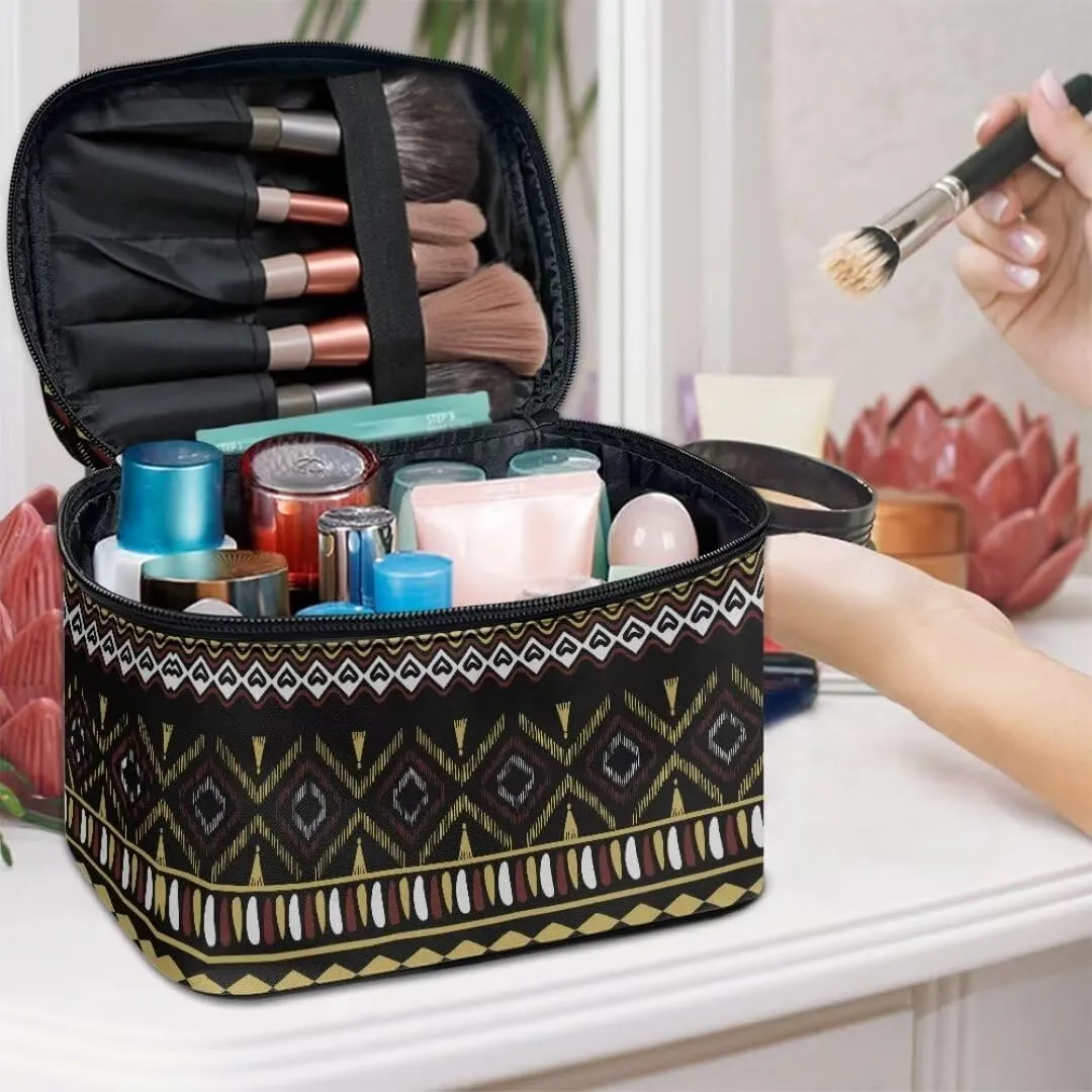 Horeset Aztec Ethnic Antique Makeup Bag for Women Travelling,Portable Toiletry Bag Organizer with Handle and Divider,Large Capacity Cosmetic Bag Pouch,Washable/Foldable