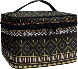 Horeset Aztec Ethnic Antique Makeup Bag for Women Travelling,Portable Toiletry Bag Organizer with Handle and Divider,Large Capacity Cosmetic Bag Pouch,Washable/Foldable
