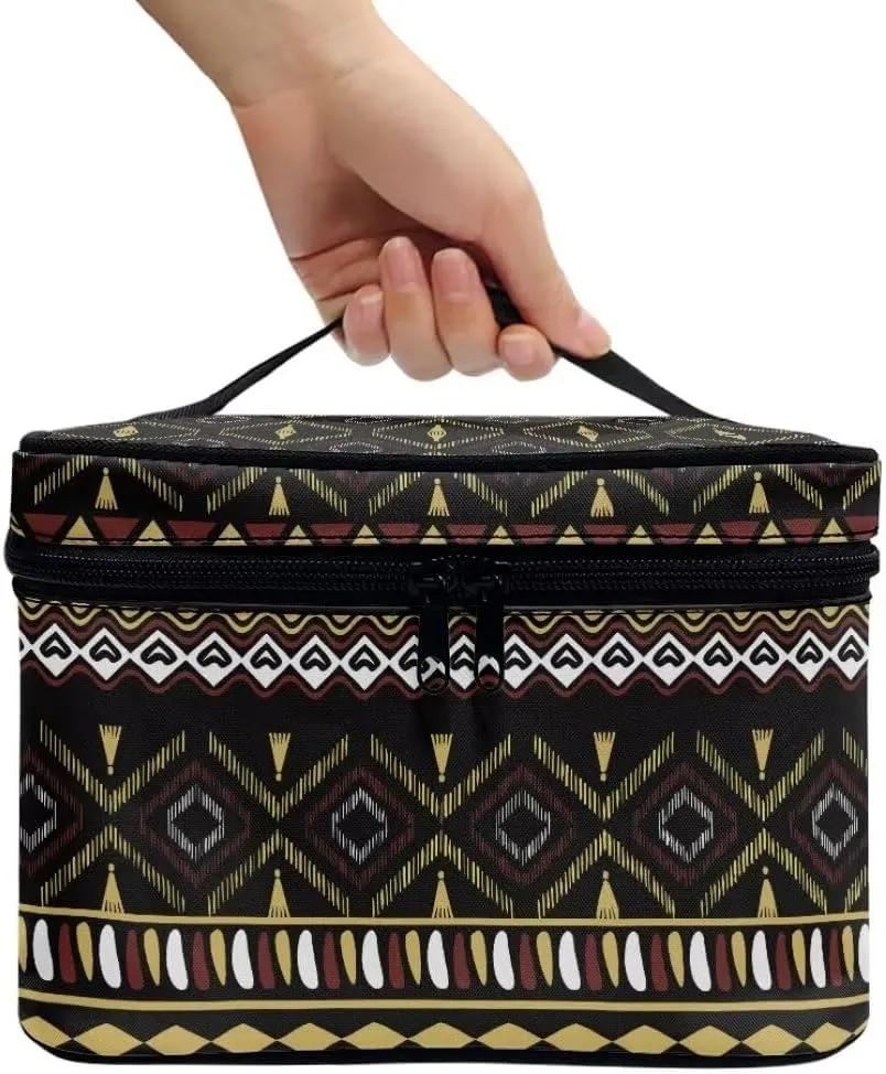 Horeset Aztec Ethnic Antique Makeup Bag for Women Travelling,Portable Toiletry Bag Organizer with Handle and Divider,Large Capacity Cosmetic Bag Pouch,Washable/Foldable