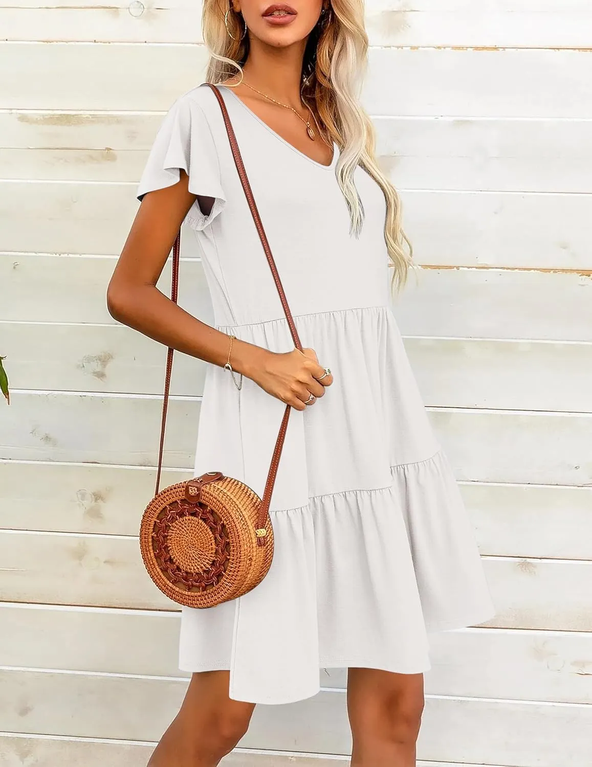 HOTOUCH Women's Casual Tiered Dress with Pockets V Neck Ruffle Dress Cap Sleeve Swing Mini Dress A-Line Dresses