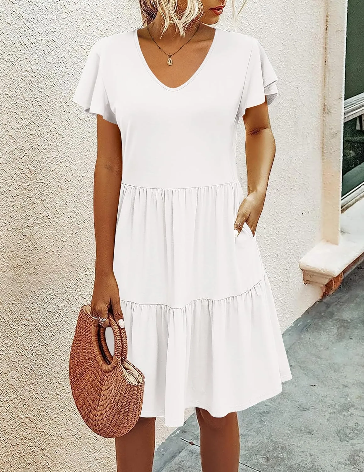 HOTOUCH Women's Casual Tiered Dress with Pockets V Neck Ruffle Dress Cap Sleeve Swing Mini Dress A-Line Dresses