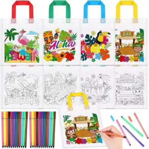 HOWAF 12pcs Tiki Party Coloring Gift Bags, Hawaii Party Coloring Goodie Bag with Paint Pens for Kids, Tropical Party Candy Bags, Flamingo Luau Reusable Canvas Bag