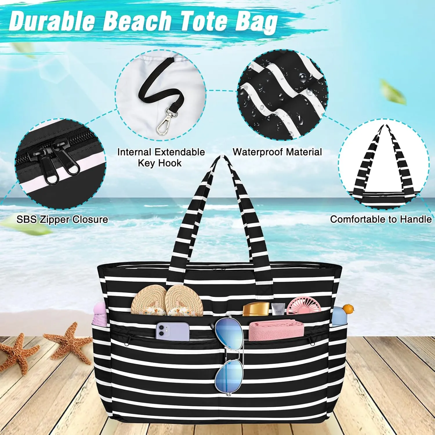 HUANLANG Extra Large Beach Bag Waterproof Beach Totes Bags for Women Men,Pool Bag with Zipper Wet Pocket