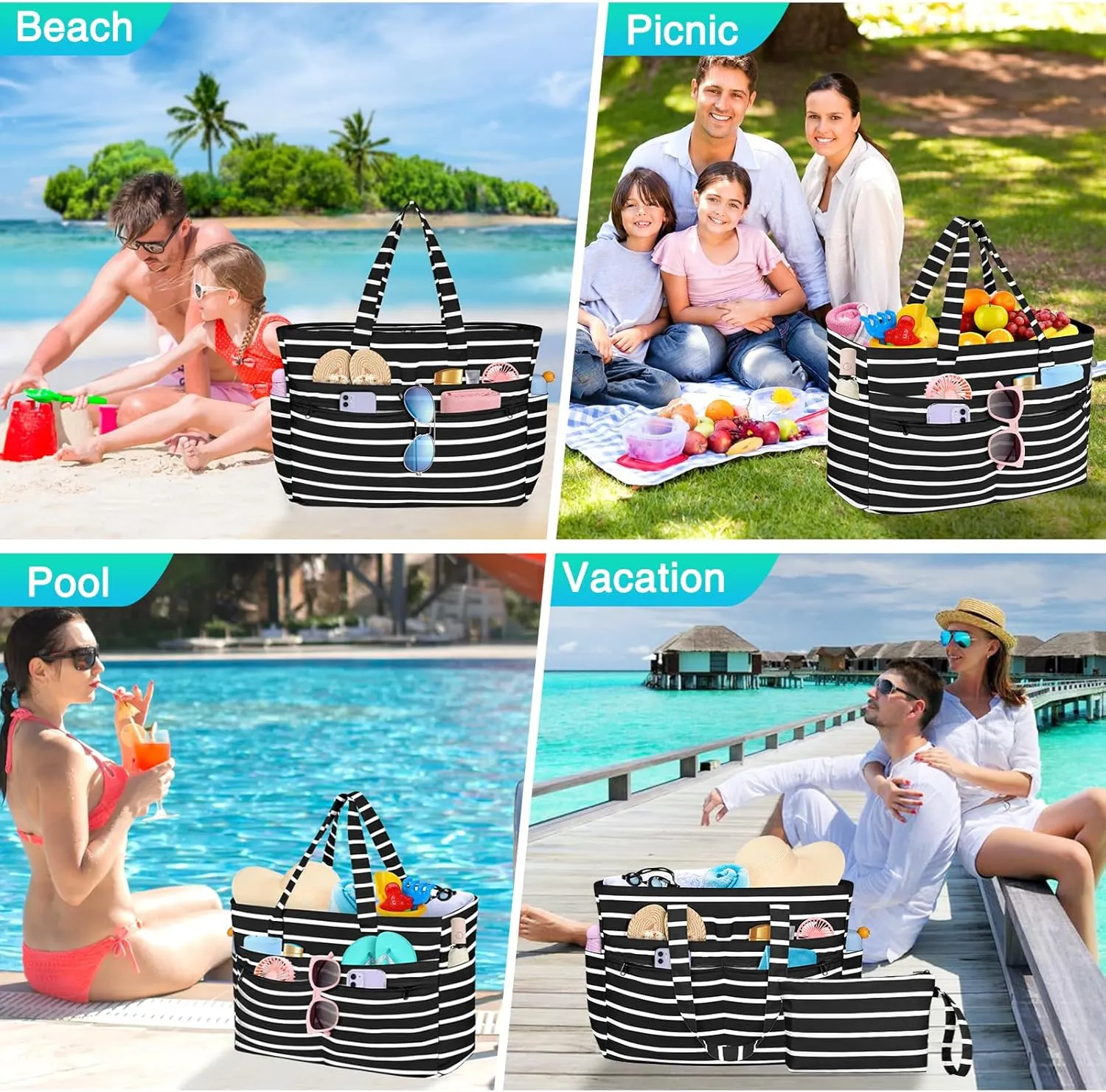 HUANLANG Extra Large Beach Bag Waterproof Beach Totes Bags for Women Men,Pool Bag with Zipper Wet Pocket