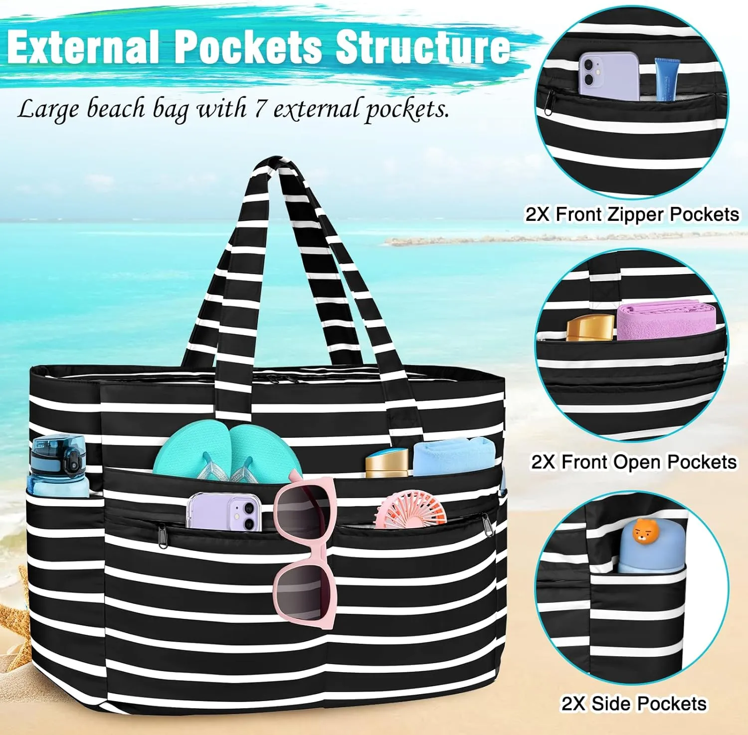 HUANLANG Extra Large Beach Bag Waterproof Beach Totes Bags for Women Men,Pool Bag with Zipper Wet Pocket