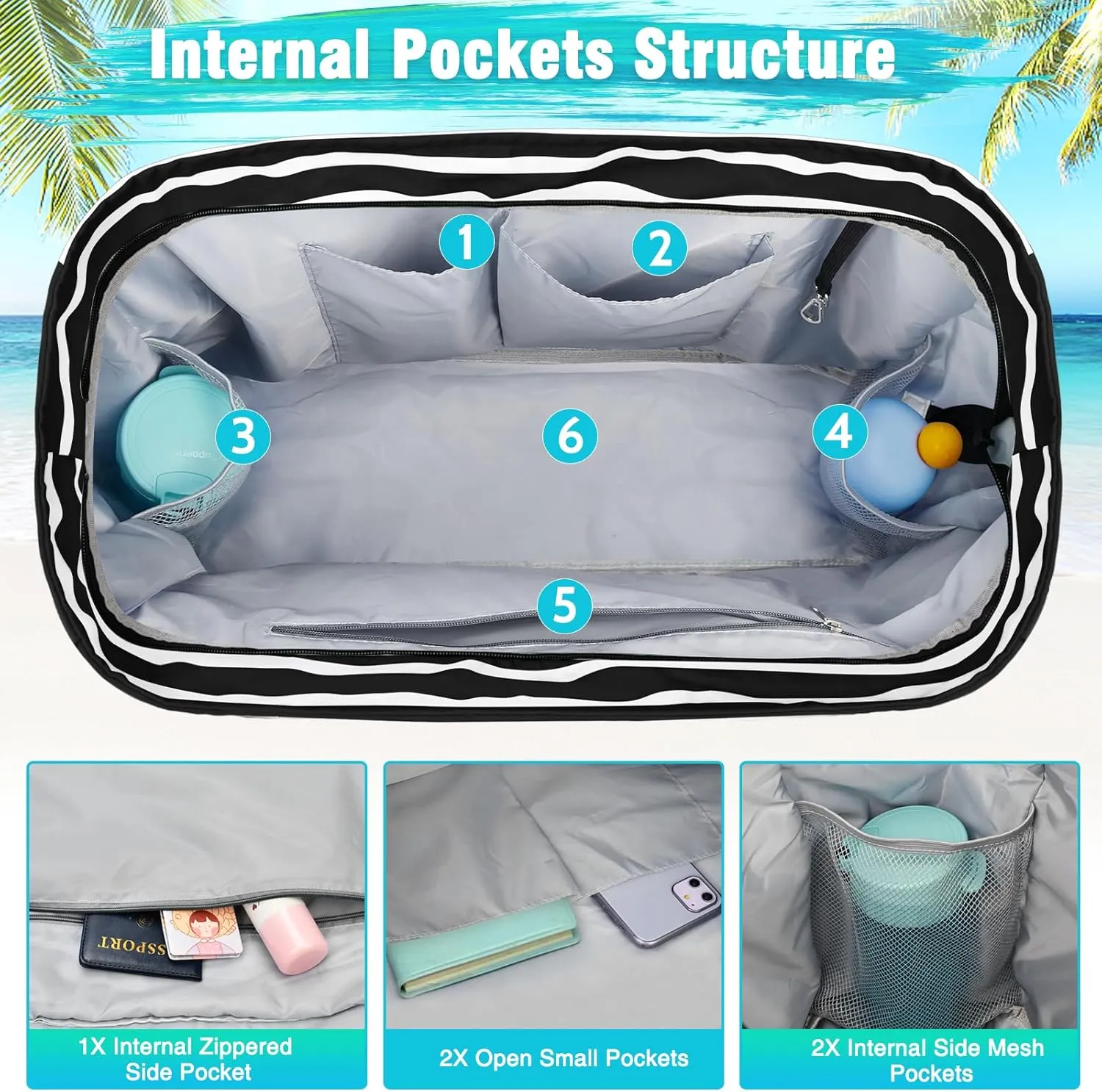 HUANLANG Extra Large Beach Bag Waterproof Beach Totes Bags for Women Men,Pool Bag with Zipper Wet Pocket