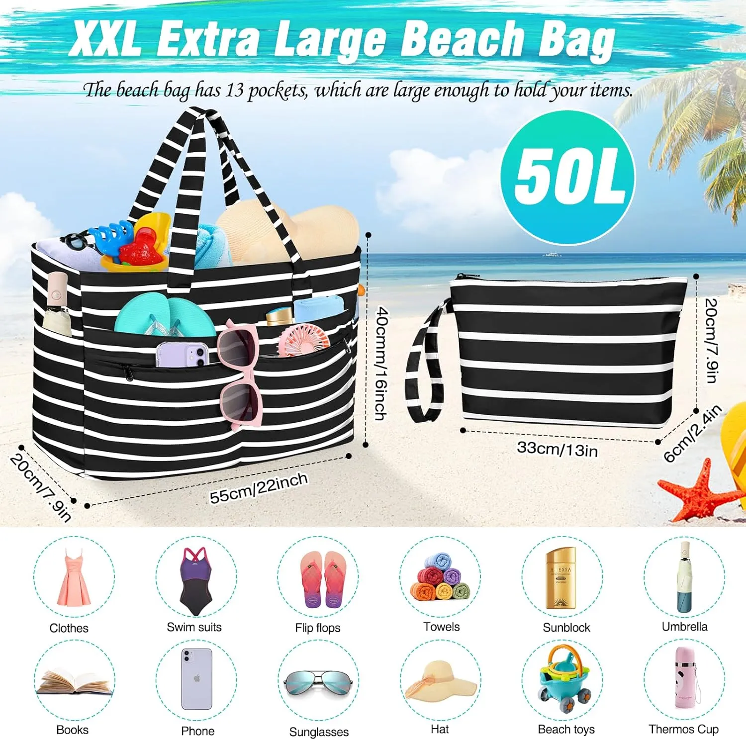 HUANLANG Extra Large Beach Bag Waterproof Beach Totes Bags for Women Men,Pool Bag with Zipper Wet Pocket