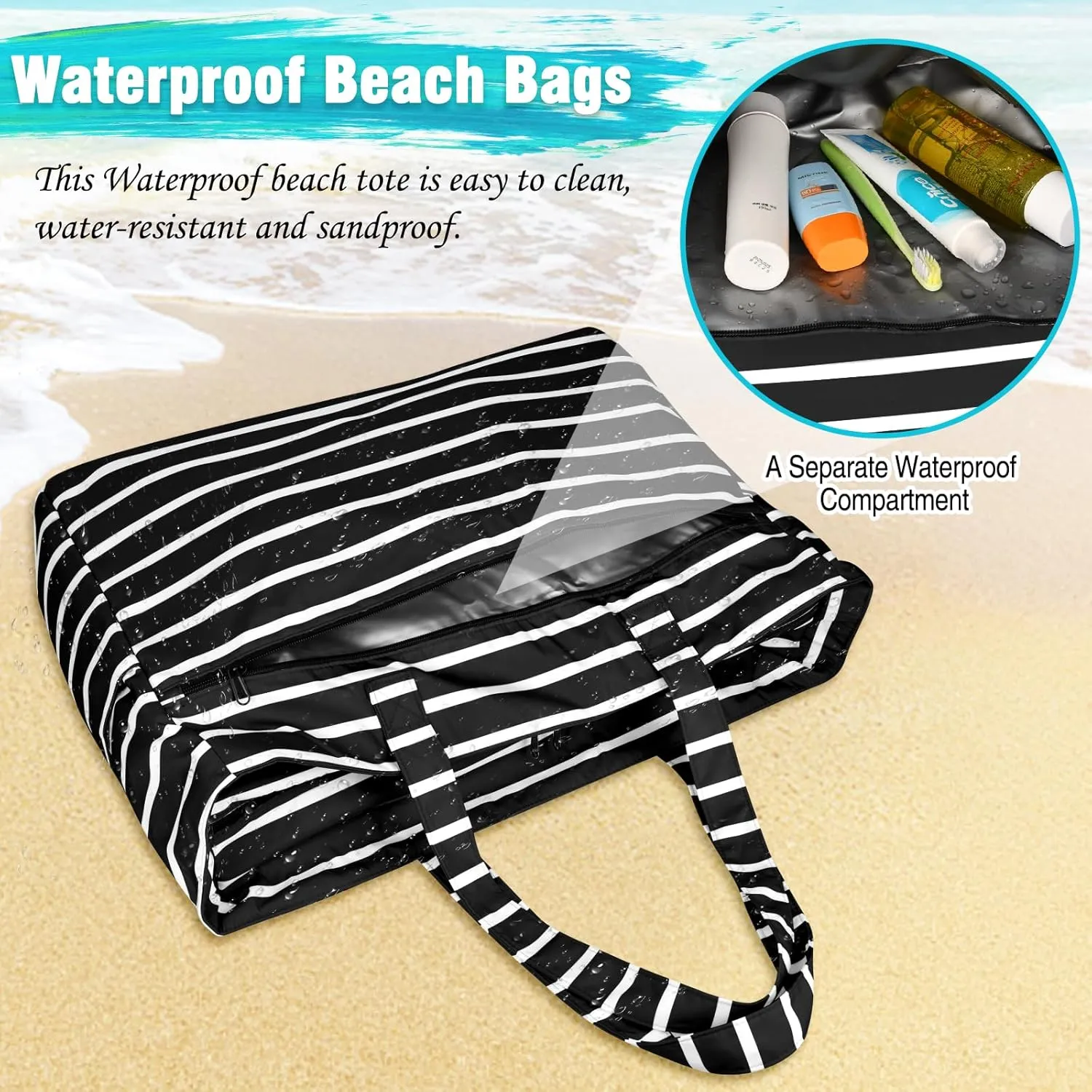 HUANLANG Extra Large Beach Bag Waterproof Beach Totes Bags for Women Men,Pool Bag with Zipper Wet Pocket
