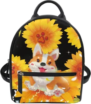 HUGS IDEA Sunflower Corgi Mini Backpack Purse for Women Girls PU Leather Zipper Closure Shoulder Bags