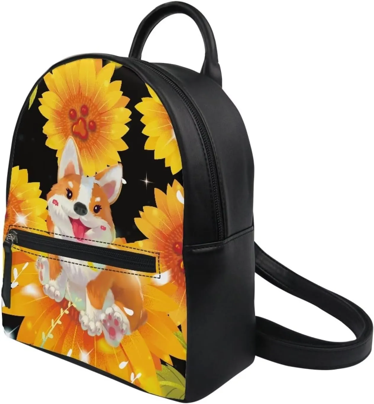 HUGS IDEA Sunflower Corgi Mini Backpack Purse for Women Girls PU Leather Zipper Closure Shoulder Bags