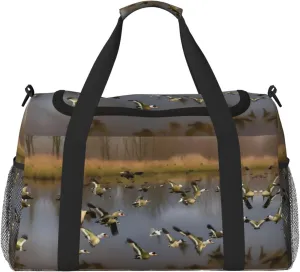 Hunting Flying Wild Ducks print Large Canvas Travel Duffel Bag Weekender Bags for Women Overnight Bag Carry On Tote Bag