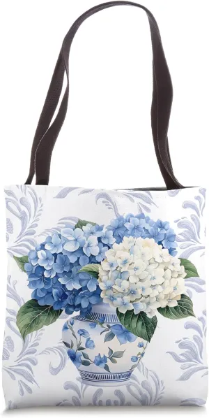 Hydrangea Chinoiserie Vase White Blue Print Grand-Millennial Tote Bag