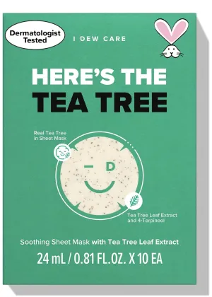 I DEW CARE Sheet Face Mask Pack - Here's The Tea Tree | with Tea Tree Leaf Extract, Soothing, Balancing Korean Face Mask Set for Oily & Sensivitive Skin, Hydrating, Moisturizing (10 Count)