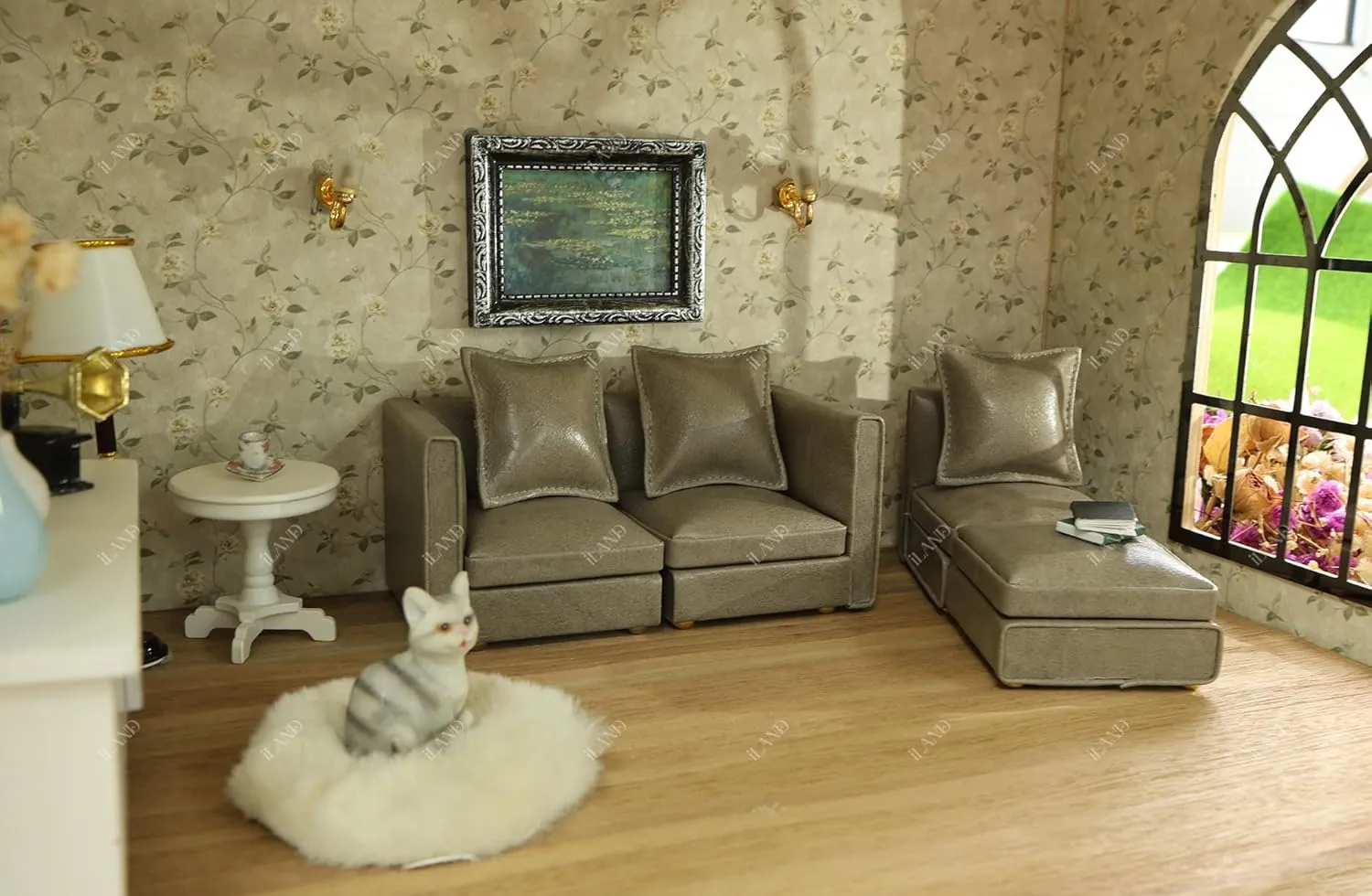 iLAND Dollhouse Furniture Miniature Sectional Couch Set for Doll House Décor Fit 1/12 Scale Accessories, Modern Gray Faux Leather Sofa Timeless & Classic