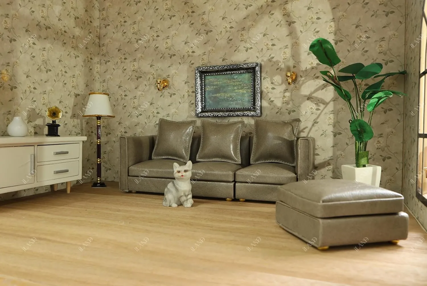 iLAND Dollhouse Furniture Miniature Sectional Couch Set for Doll House Décor Fit 1/12 Scale Accessories, Modern Gray Faux Leather Sofa Timeless & Classic