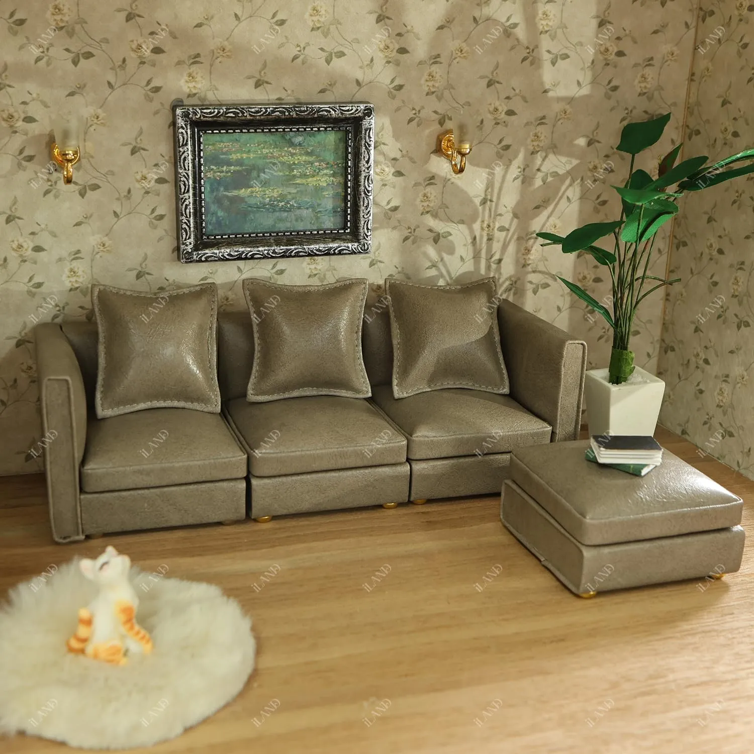 iLAND Dollhouse Furniture Miniature Sectional Couch Set for Doll House Décor Fit 1/12 Scale Accessories, Modern Gray Faux Leather Sofa Timeless & Classic