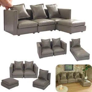 iLAND Dollhouse Furniture Miniature Sectional Couch Set for Doll House Décor Fit 1/12 Scale Accessories, Modern Gray Faux Leather Sofa Timeless & Classic