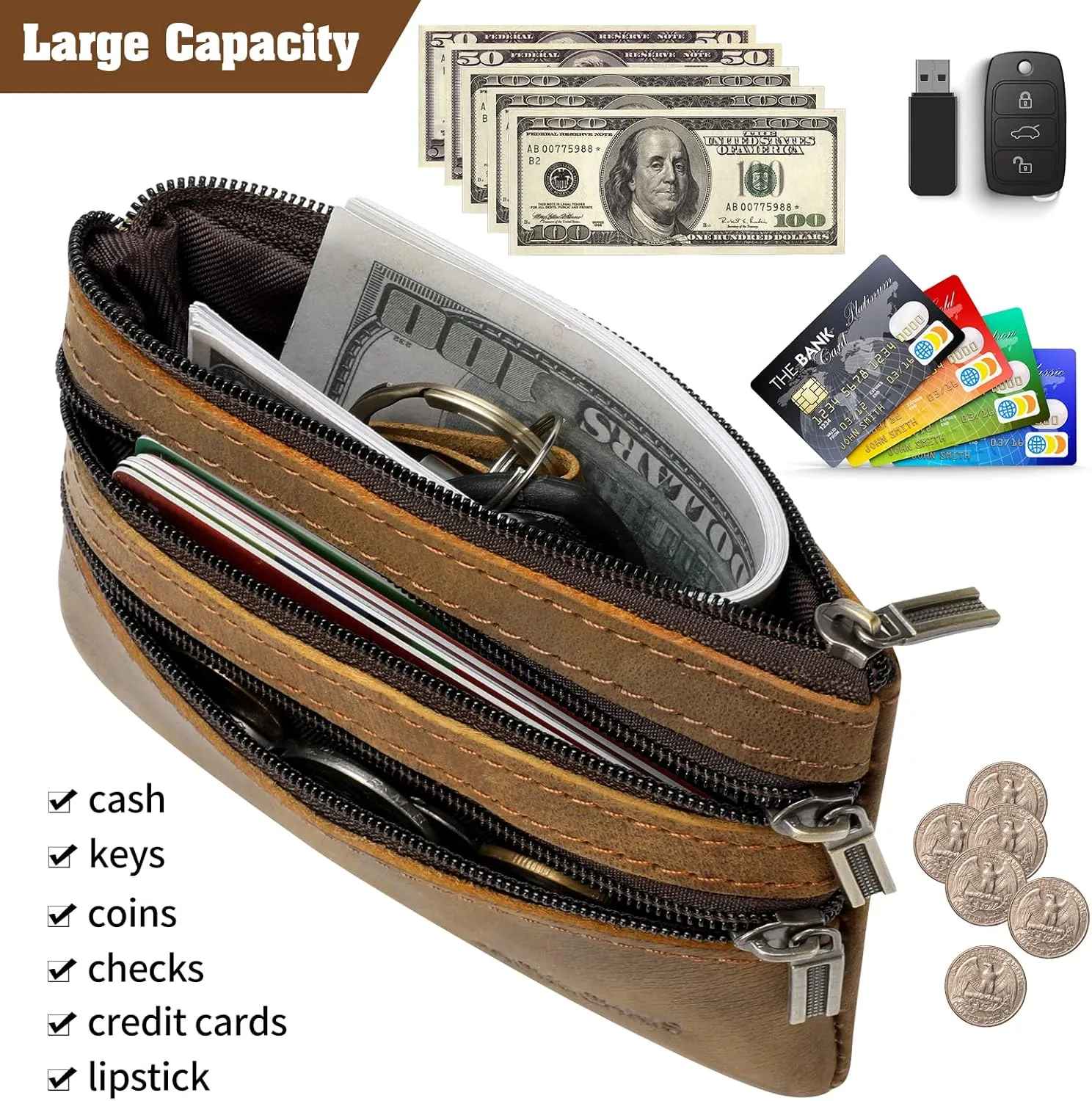 Jack&Chris Coin Purse Pouch for Men, Genuine Leather Coin Purse Zipper Pocket with Keychain Ring, Coin Bag for Men,JC301-Black