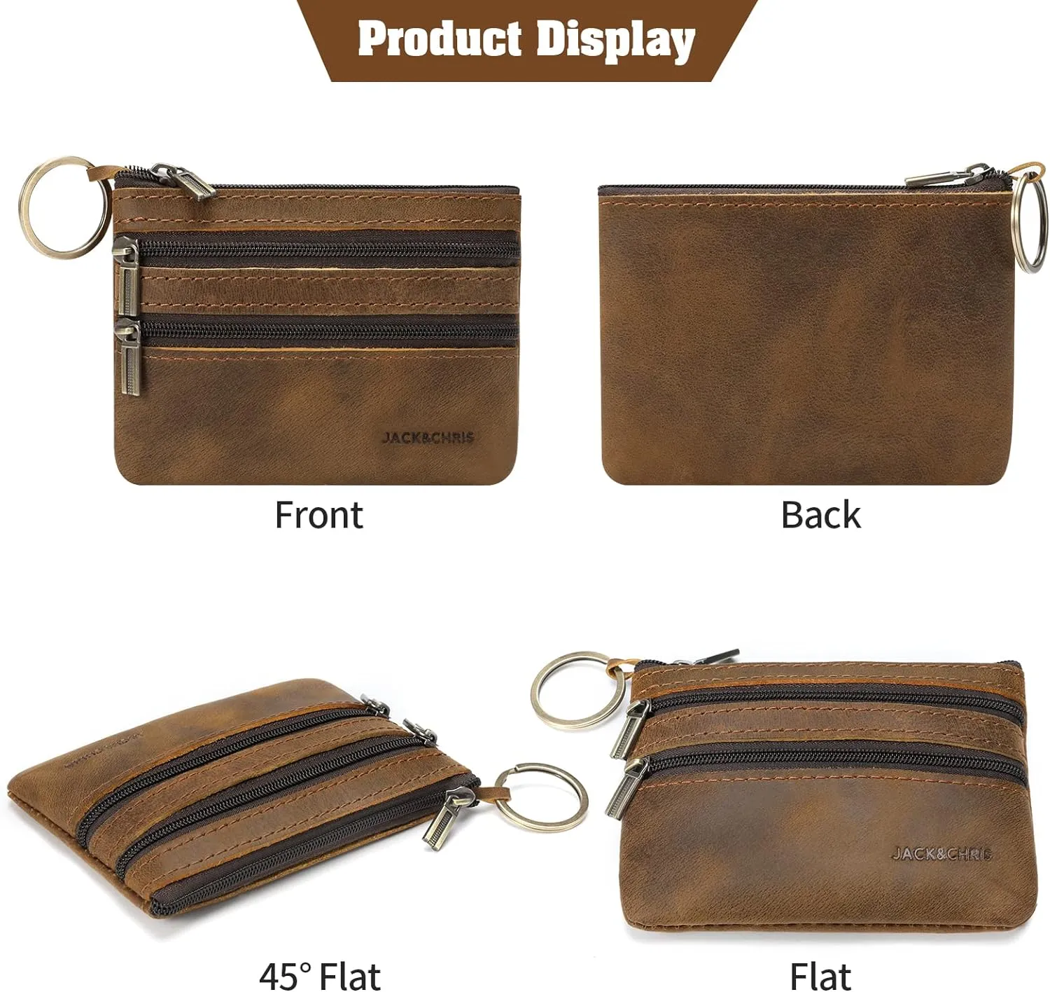 Jack&Chris Coin Purse Pouch for Men, Genuine Leather Coin Purse Zipper Pocket with Keychain Ring, Coin Bag for Men,JC301-Black