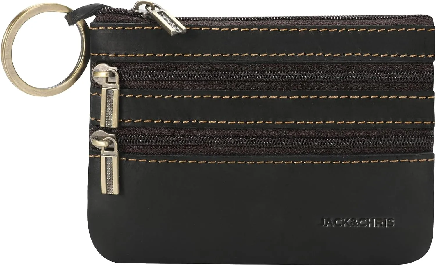 Jack&Chris Coin Purse Pouch for Men, Genuine Leather Coin Purse Zipper Pocket with Keychain Ring, Coin Bag for Men,JC301-Black