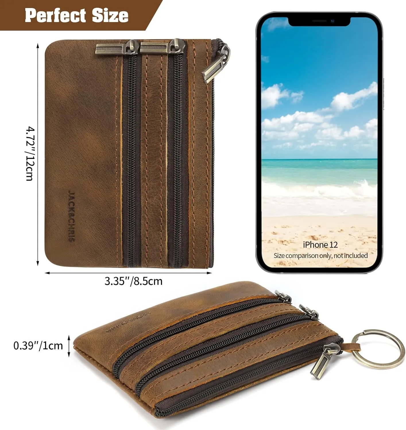 Jack&Chris Coin Purse Pouch for Men, Genuine Leather Coin Purse Zipper Pocket with Keychain Ring, Coin Bag for Men,JC301-Black