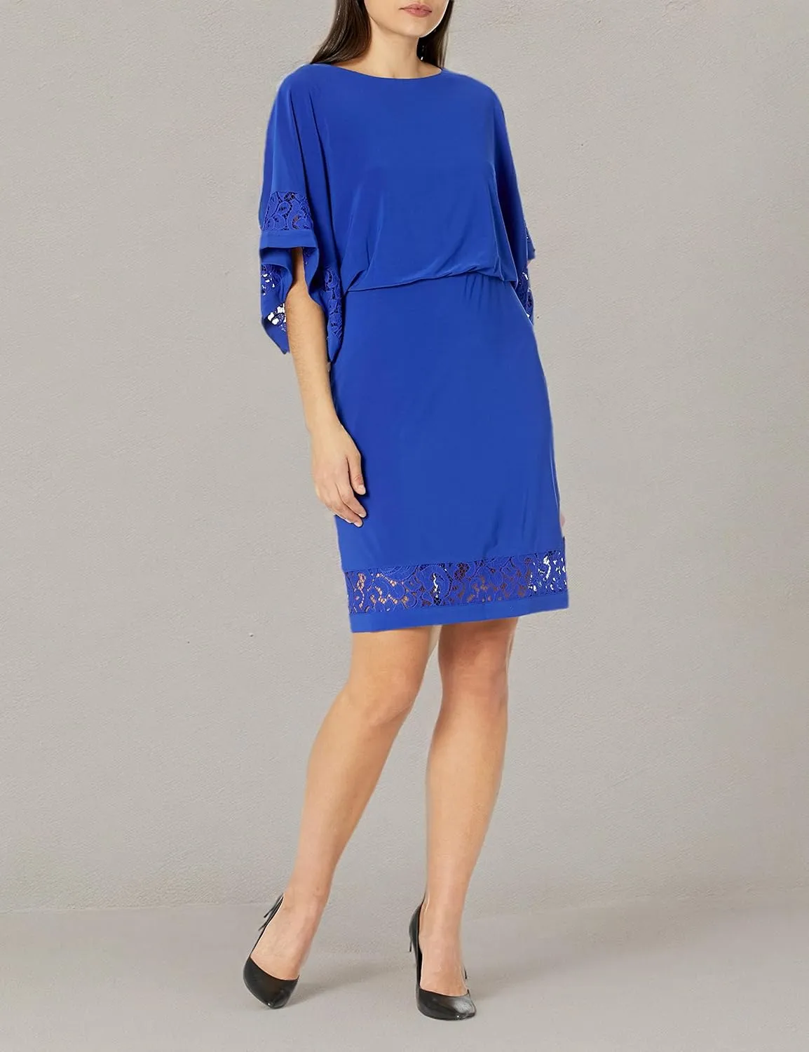 Jessica Howard Women's Lace Trim Knit Mini Dress – Boat Neck Elbow Sleeve Desk to Dinner