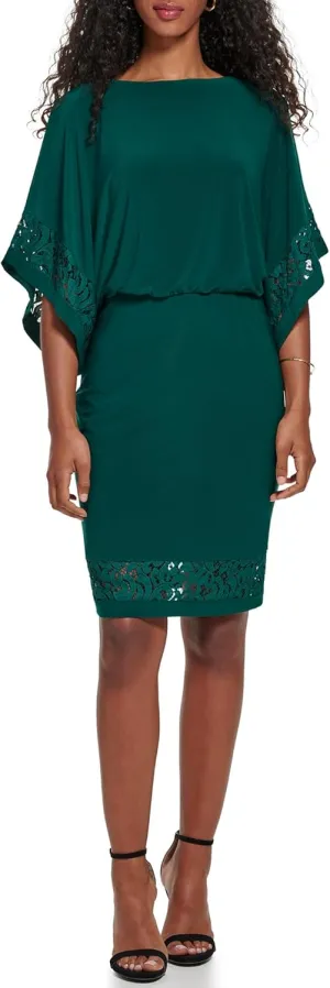 Jessica Howard Women's Lace Trim Knit Mini Dress – Boat Neck Elbow Sleeve Desk to Dinner