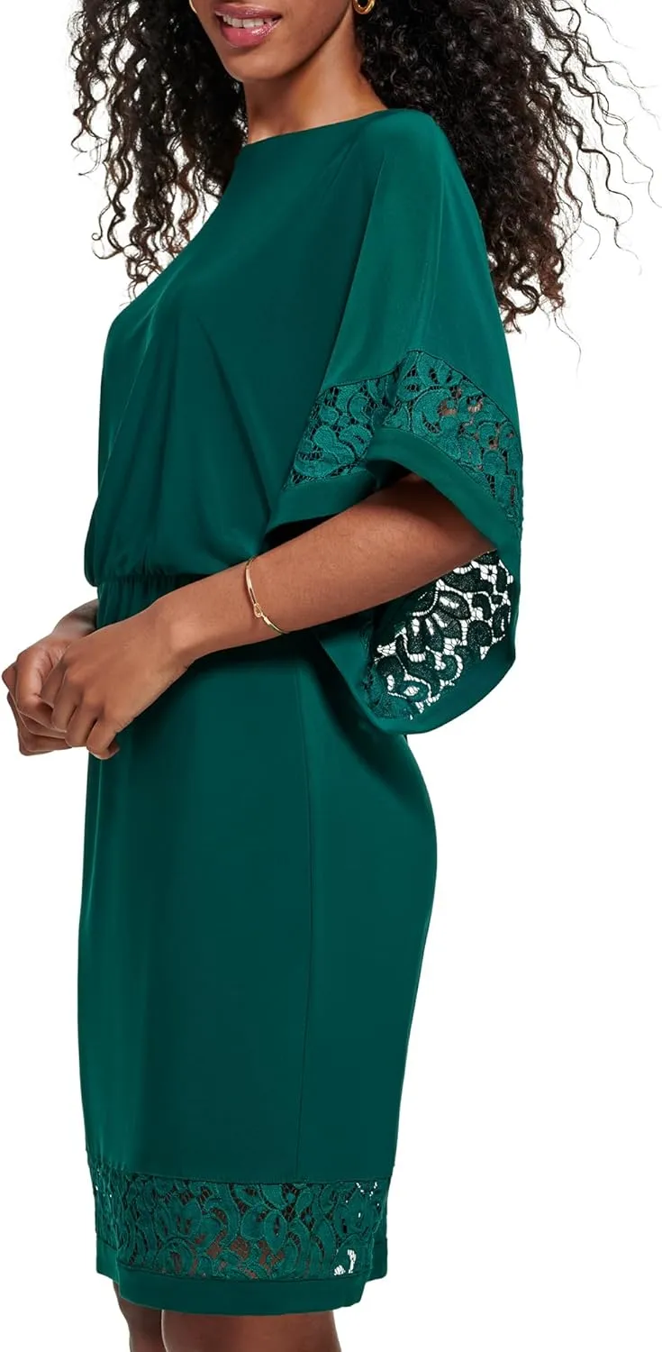 Jessica Howard Women's Lace Trim Knit Mini Dress – Boat Neck Elbow Sleeve Desk to Dinner