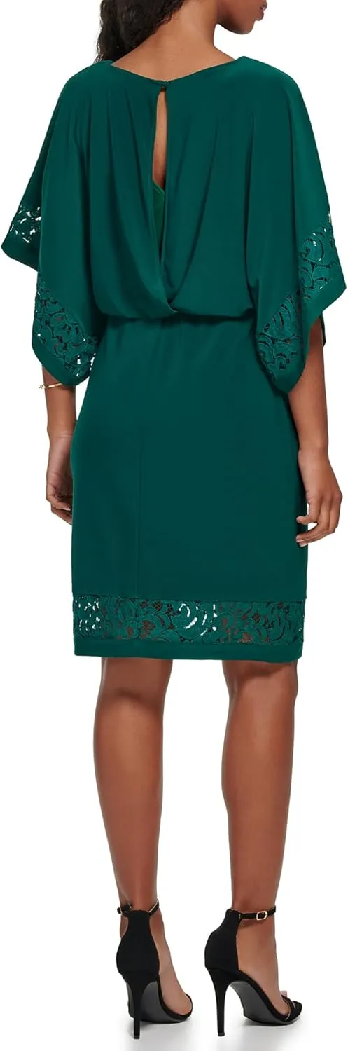 Jessica Howard Women's Lace Trim Knit Mini Dress – Boat Neck Elbow Sleeve Desk to Dinner