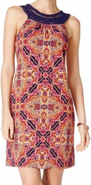 Jessica Howard Women's Printed Crochet Trim Sleeveless Mini Dress