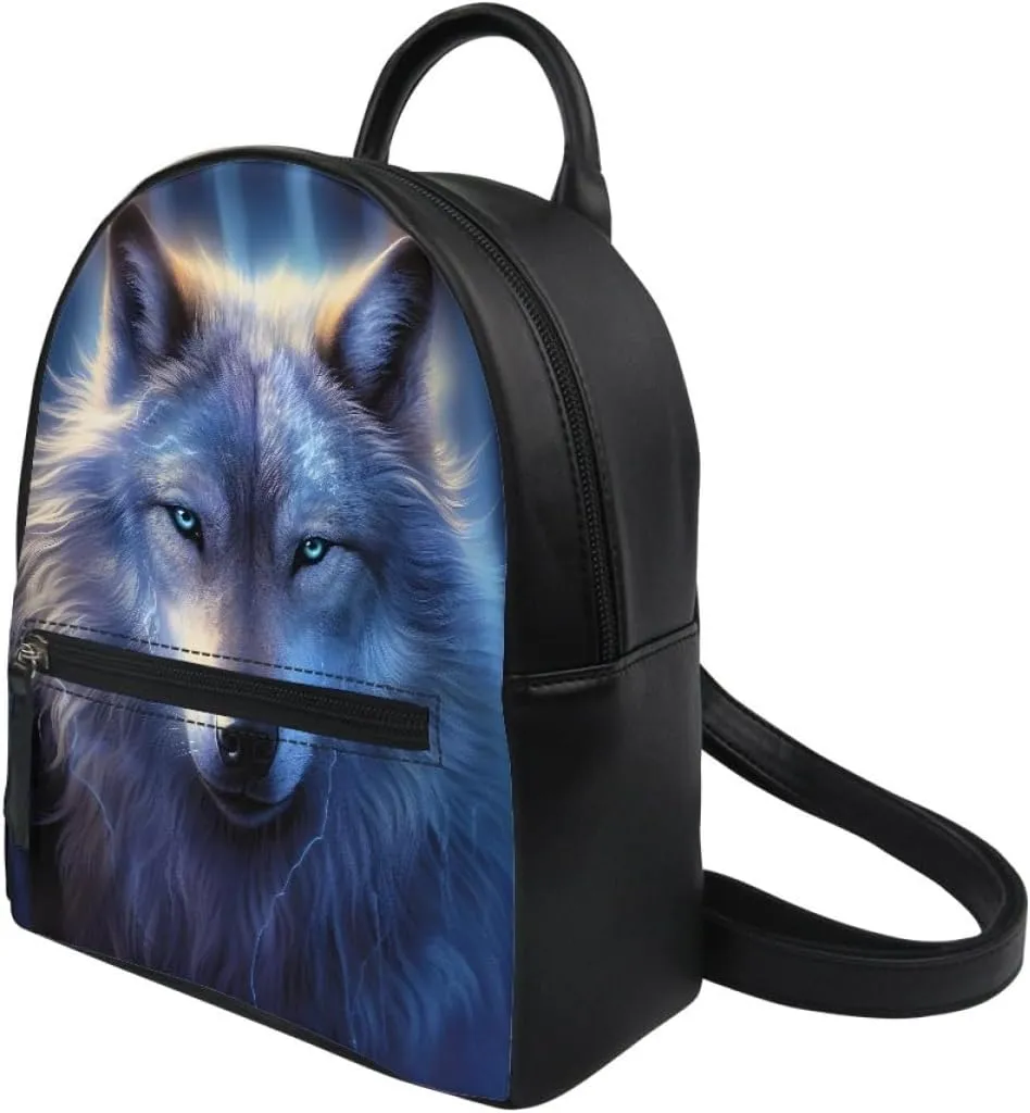 JooMeryer Galaxy Wolf Mini Backpacks for Teen Kids Boys pu Leather Casual Daypack Shoulder Bags for College Students,Blue Wolf