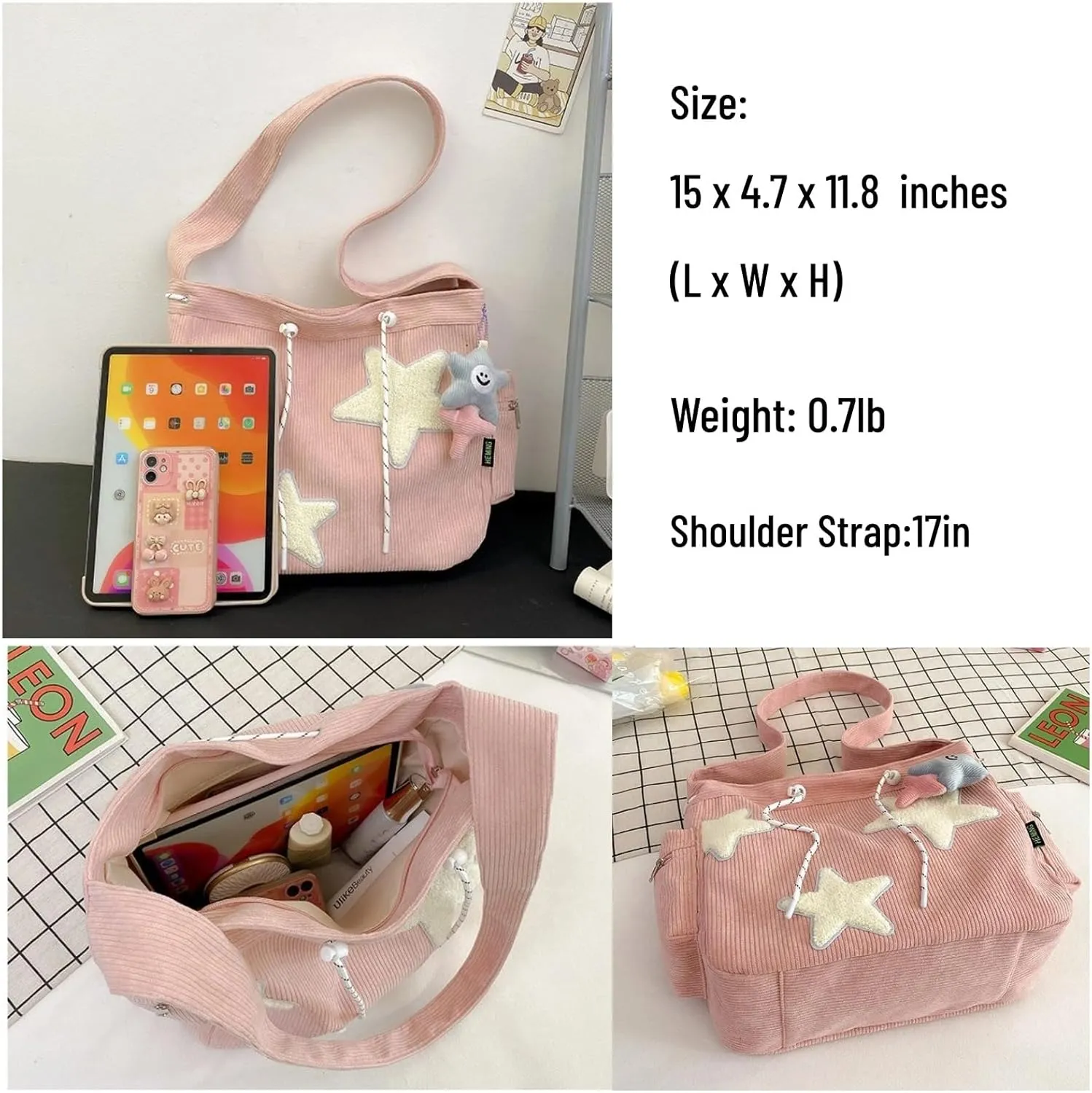 Kawaii Shoulder Bag Crossbody Bags For Women with Cute Accessories Large Tote Bag Casual Handbags Star Pattern
