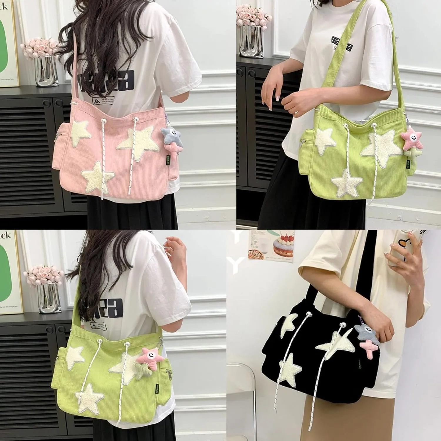 Kawaii Shoulder Bag Crossbody Bags For Women with Cute Accessories Large Tote Bag Casual Handbags Star Pattern