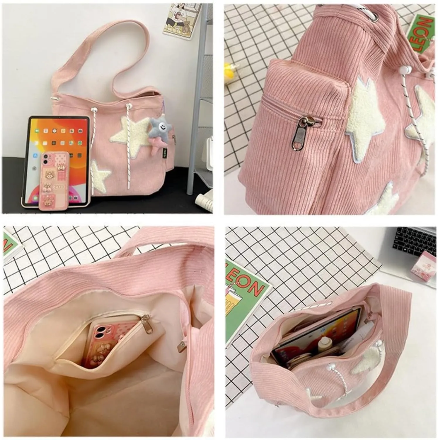 Kawaii Shoulder Bag Crossbody Bags For Women with Cute Accessories Large Tote Bag Casual Handbags Star Pattern