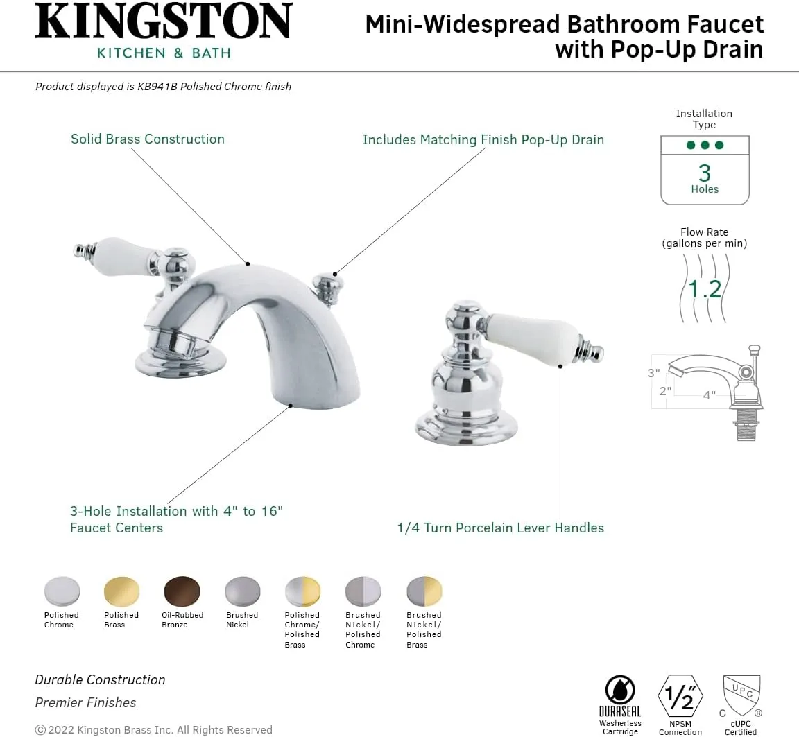 Kingston Brass KB944B Victorian Mini-Widespread Bathroom Faucet, Chrome, 4.5 x 3.5 x 2.06